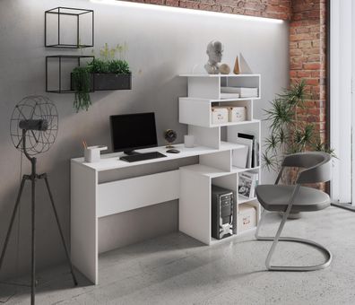 FURNIX Schreibtisch GHELIA Arbeitsplatz mit asymmetrischem Bücherregal Weiß