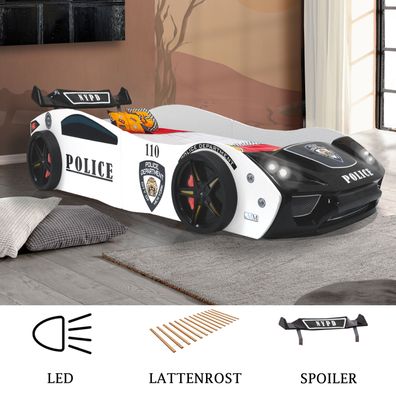 Autobett Kinderbett "Police" 90x200 Lattenrost LED Leuchte Spielbett für Kinder