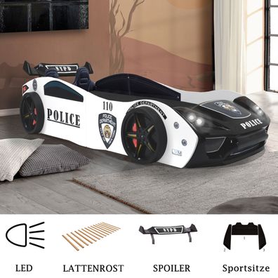 Autobett Kinderbett Spielbett "Police" + Sportsitze 90x200 Lattenrost LED Licht