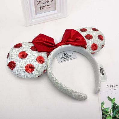 Valentines Disney- Parks Ears White Heart Pink Sequin Mickey Mouse Headband DE