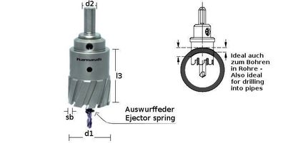 Hartmetall-bestückte Lochsäge Power-Max 55 mit Schaft, Zentrierbohrer, Auswurffeder;