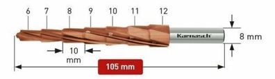 HSS-XE, Titan-Tec beschichteter Stufenbohrer, 6-12 mm, Spiral genutet Kreuzzahnung