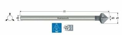 Kegelsenker 90°, HSS-XE, extra langer Schaft 3-Flächen-Schaft, DIN 335 d=6,3mm Gesamt