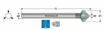 HSS-XE Kegelsenker 6,3mm DIN 335 Form C 90°, 3-Flächen-Schaft, langer Schaft