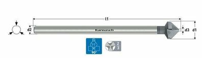 HSS-XE Kegelsenker DIN 335 Form C 90°, 3-Flächen-Schaft, extra langer Schaft