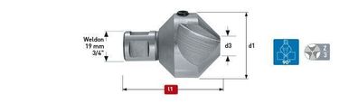 Kegelsenker 90° HM-bestückt Weldonschaft 19mm d=40,0mm