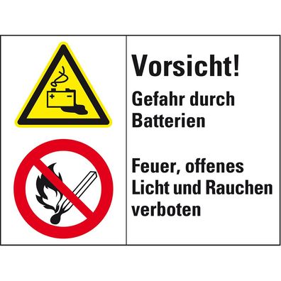 Schild mit Symbolen Vorsicht! Gefahr durch Batterien..., Folie