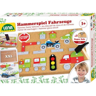 Lena 65826 - Hammer-Tap Game Vehicles, Game With Nails And 64 Colored