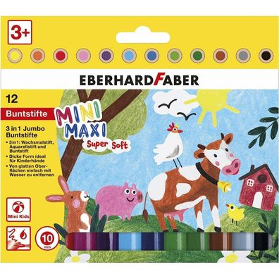 Eberhard Faber 518912 Mini Kids Jumbo Crayons In 12 Colors, 3-In-1 With