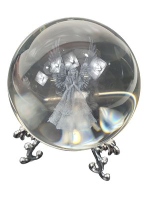 Kristallkugel mit Silber Ständer, 3D Engel Durchmesser ca. 6cm