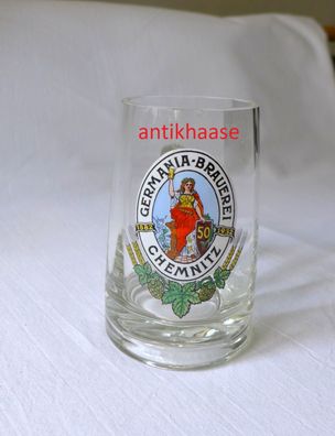 Bierkrug Glas Humpen Germania Brauerei Chemnitz 1882 50 Jahre 1932 Bier