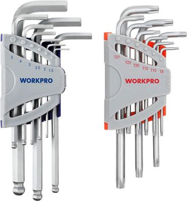 Workpro Innensechskantschlüssel Set 18-tlg, Torx- und Kugelkopf, Werkszeug