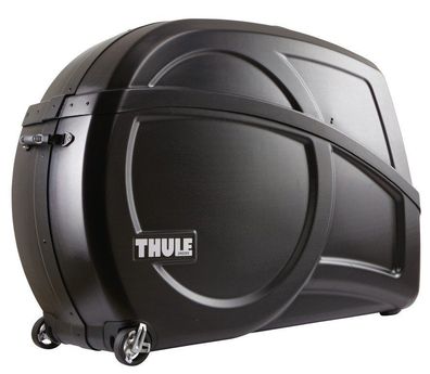 Fahrradtransportkoffer Thule Round Transit schwarz mit integrierten Montageständer