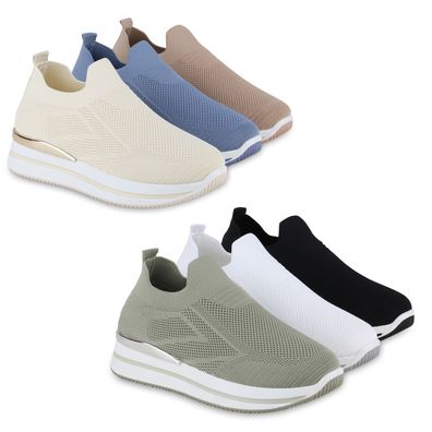 VAN HILL Damen Plateau Sneaker Strick Profil-Sohle Slip On Stoff-Schuhe 840968