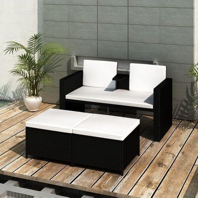 Garten-Lounge 2-Sitzplätze mit Auflagen Poly Rattan Schwarz und Weiß