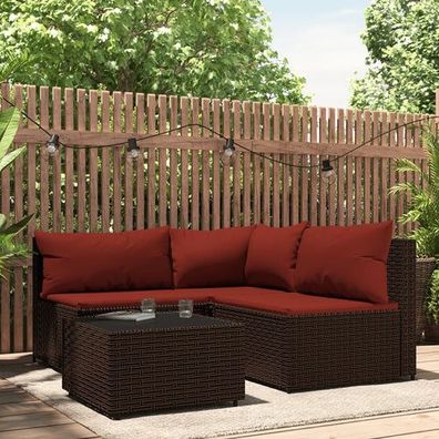 Garten-Lounge 4-Personen mit Auflagen Poly Rattan Braun und Rot Eckteil + 2x Mittelte