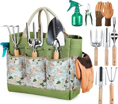 Grenebo Gartenwerkzeug Set, 9 Stück Garten Werkzeug mit Gartengeräte Organizer