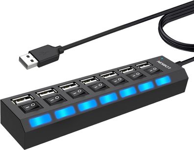LOBKIN USB Hub 7-Port, Tragbar USB 2.0 Hub mit Einzelnen LED-Netzschaltern