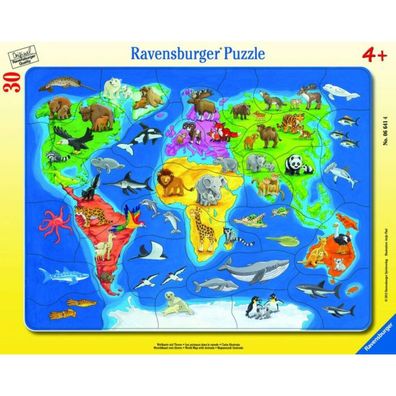 Kinderpuzzle Weltkarte mit Tieren (30 Teile, Rahmenpuzzle)