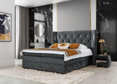 Schlafzimmer Bett Doppel Textil Betten Polster Komplett 2x Nachttische Holz