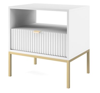 Selsey Vellore - Nachttisch, Weiß mit geriffelter Front und goldenem Rahmen, 54 cm