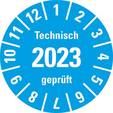 Prüfplak. Technisch geprüft 2023, hellblau, Dokufolie, selbstkl., 18/ Bog