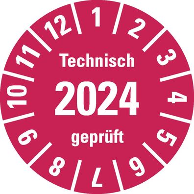 Prüfplak. Technisch geprüft 2024, rot, Dokufolie, selbstkl., Ø 30mm,18/ Bog