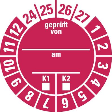 Prüfplakette geprüft von... am... K1 K2 24-27, rot, Folie, Ø 30mm,18/ Bogen