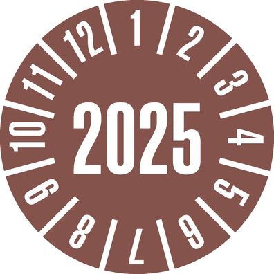 Prüfplakette 2025, braun, Folie, Spezialkleber, Ø 20mm, 36/ Bogen