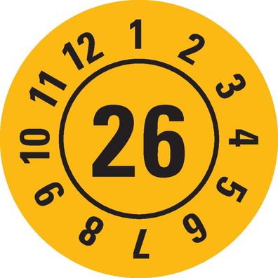 Prüfplakette 26, gelb, Folie mit Spezialkleber, Ø25mm, 21/ Bogen