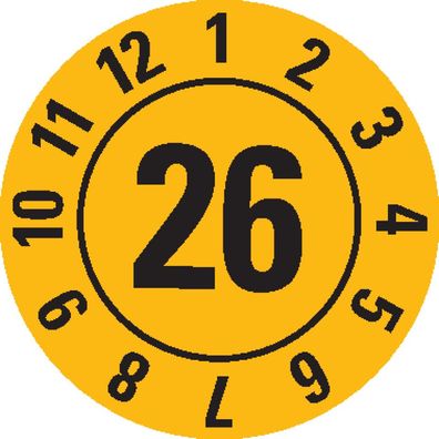 Prüfplakette 26, gelb, Folie, Spezialkleber, Ø 10mm, 128/ Bogen