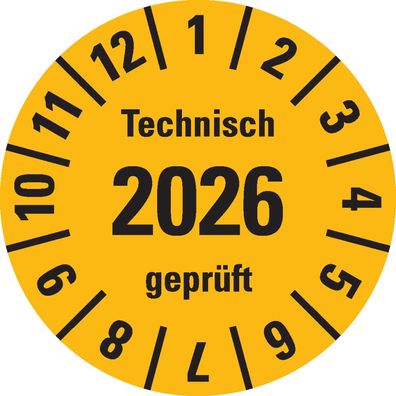 Prüfplak. Technisch geprüft 2026, gelb, Dokufolie, selbstkl., 18/ Bog
