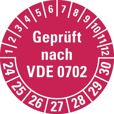 Prüfplakette geprüft n. VDE 0702,24-30, rot, Folie, Ø30mm,108/ Heft