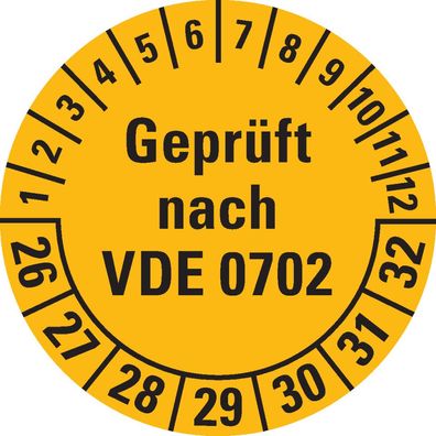 Prüfplakette geprüft n. VDE 0702,26-32, gelb, Folie, Ø30mm,108/ Heft