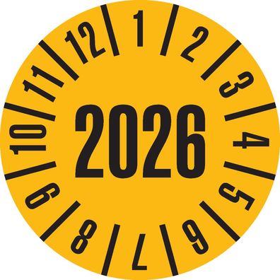 Prüfplakette 2026, gelb, Folie, Spezialkleber, Ø 20mm, 36/ Bogen