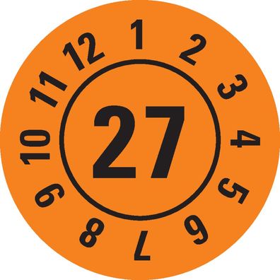 Prüfplakette 27, orange, Folie mit Spezialkleber, Ø25mm, 21/ Bogen