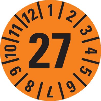 Prüfplakette 27, orange, Folie mit Spezialkleber, Ø 15mm, 60/ Bogen