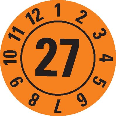 Prüfplakette 27, orange, Folie, Spezialkleber, Ø 10mm, 128/ Bogen