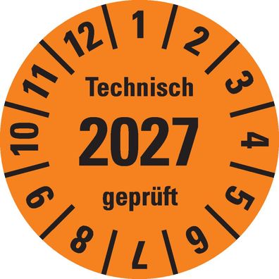 Prüfplak. Technisch geprüft 2027, orange, Dokufolie, selbstkl., 18/ Bog