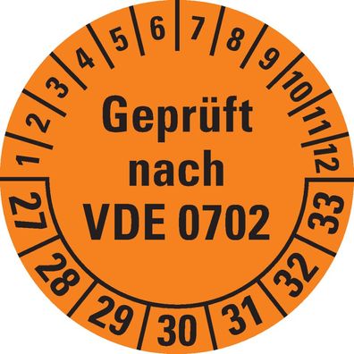Prüfplakette geprüft n. VDE 0702,27-33, orange, Folie, Ø30mm,108/ Heft