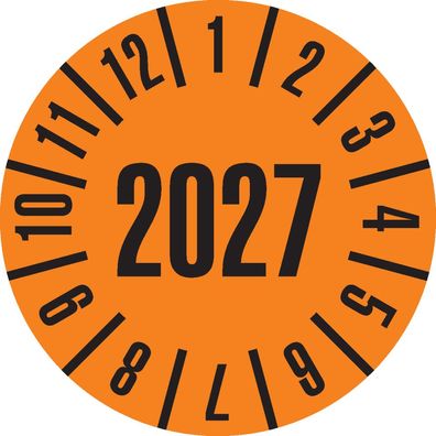 Prüfplakette 2027, orange, Folie, Spezialkleber, Ø 20mm, 36/ Bogen