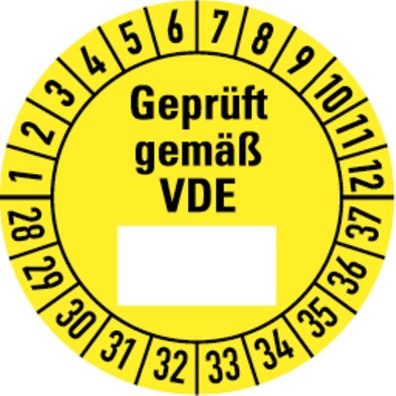 Etikett Geprüft gemäß VDE ab 28, gelb/ schwarz - 30 mm Folie selbstkl.