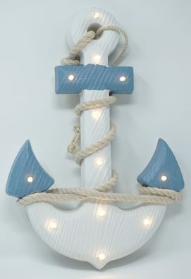 Shabby Dekoration Holzanker blau/ weiss mit Seil LED Beleuchtung 12 LEDs Anker