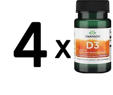 4 x High Potency Dry Vitamin D-3, 1000 IU - 60 caps