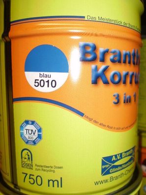 Brantho Korrux 3in1 Rostschutz 750ml RAL 5010 enzianblau Metallschutzfarbe LKW