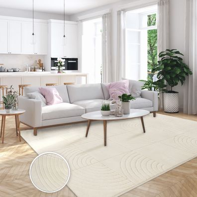 Wohnzimmer Teppich Schlafzimmer Kurzflor Abstrakt 3D Effekt Geometrisch Creme