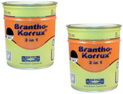 2x Brantho Korrux 3in1 Rostschutz 750ml RAL 9011 graphitschwarz Farbe