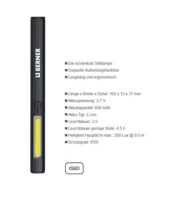 Berner Slimest Alu. Pen Light T-C Aluminium Stiftlampe LED KFZ Werkstattlampe