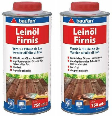 2x 750 ml baufan Leinöl Firnis natürliches Öl harzfrei Imprägnierung Holz Schutz