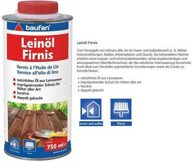 750 ml baufan Leinöl Firnis natürliches Öl harzfrei Imprägnierung Holz Schutz